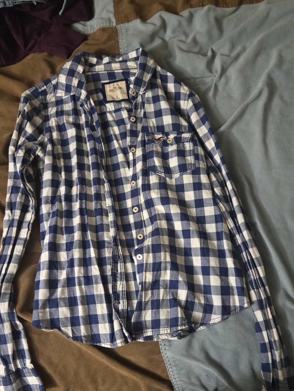 Hollister Navy and White Checked Button-Down Shirt